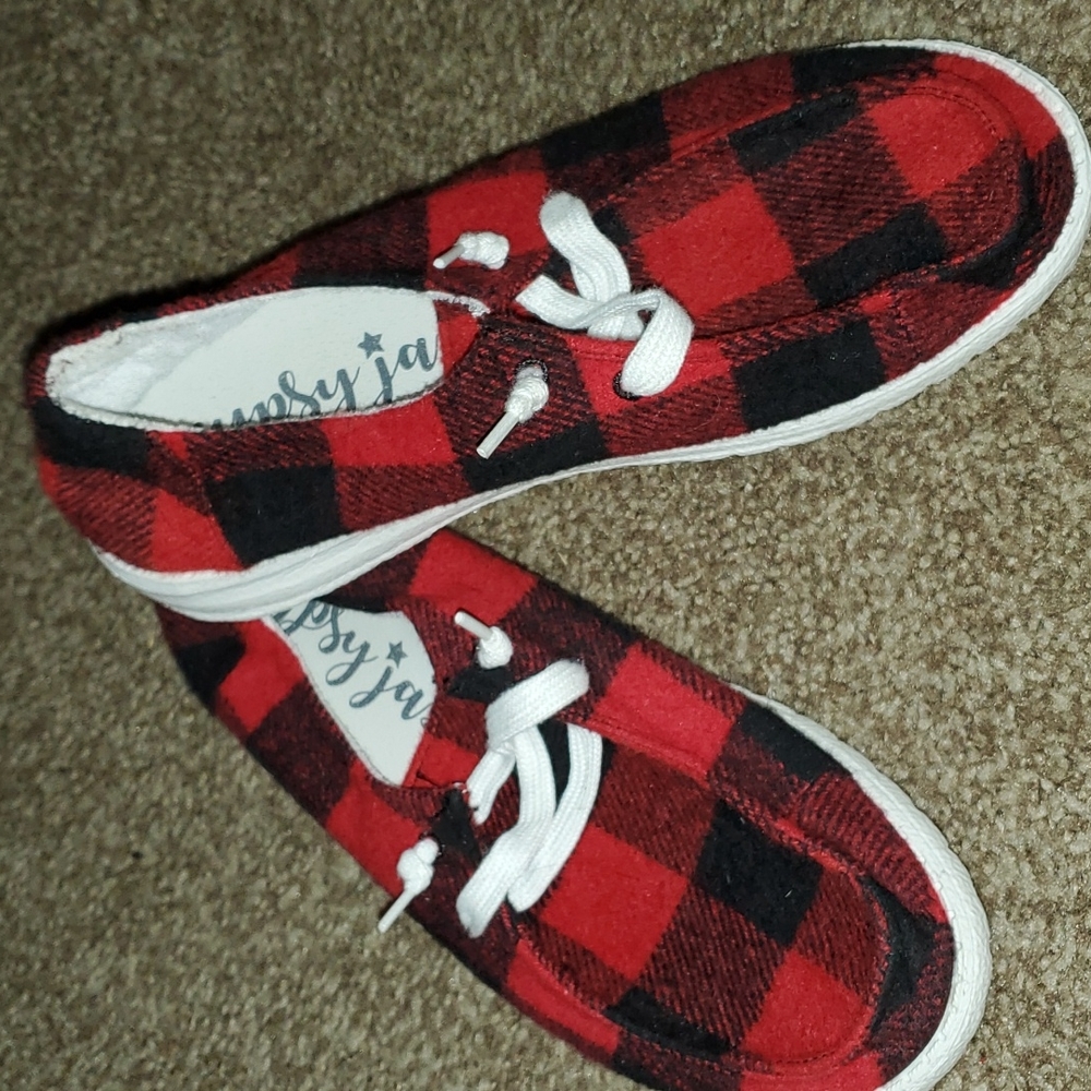 Gypsy jazz hey dude style slip ons red and black Buffalo plaid